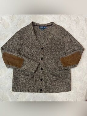 Polo by Ralph Lauren Brown Marled V-Neck Cardigan with Leather Elbow Patches